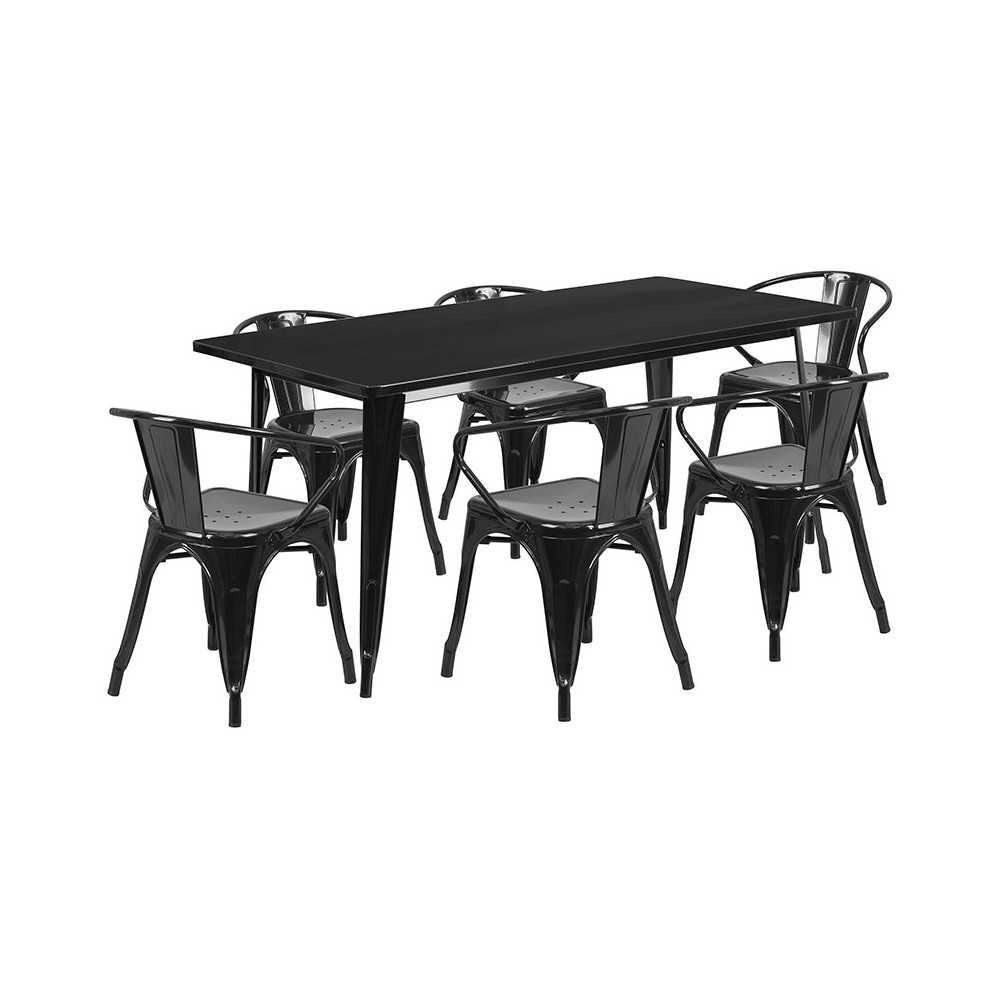 Commercial Grade 31.5" x 63" Rectangular Black Metal Indoor-Outdoor Table Set with 6 Arm Chairs