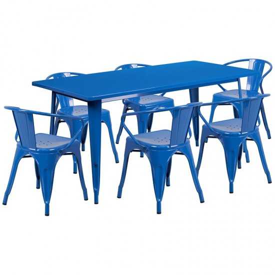 Commercial Grade 31.5" x 63" Rectangular Blue Metal Indoor-Outdoor Table Set with 6 Arm Chairs