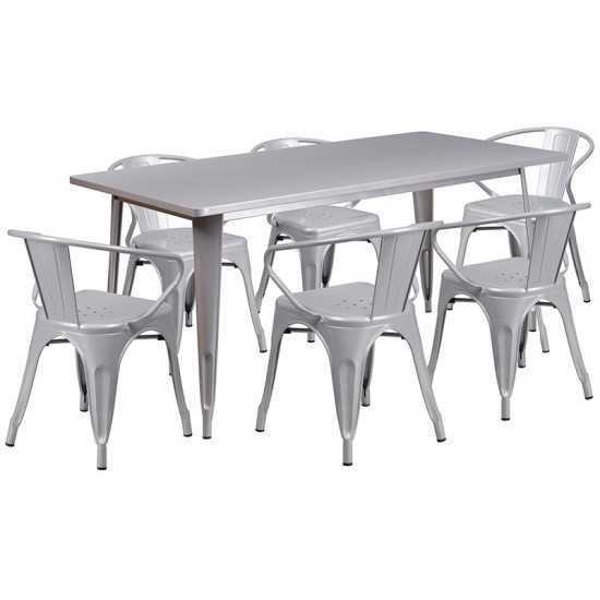 Commercial Grade 31.5" x 63" Rectangular Silver Metal Indoor-Outdoor Table Set with 6 Arm Chairs