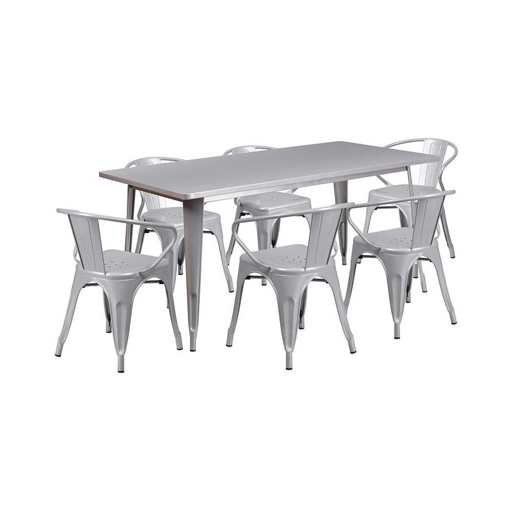 Commercial Grade 31.5" x 63" Rectangular Silver Metal Indoor-Outdoor Table Set with 6 Arm Chairs