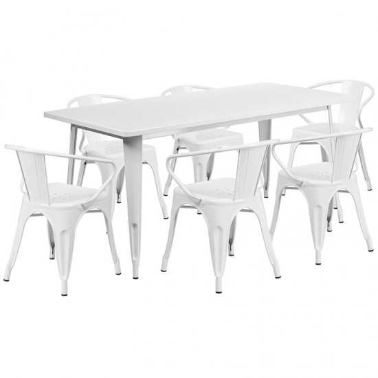 Commercial Grade 31.5" x 63" Rectangular White Metal Indoor-Outdoor Table Set with 6 Arm Chairs