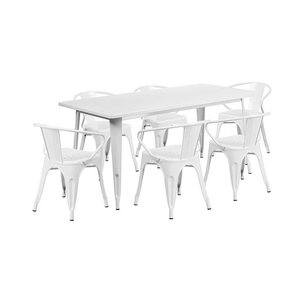 Commercial Grade 31.5" x 63" Rectangular White Metal Indoor-Outdoor Table Set with 6 Arm Chairs Commercial Grade 31.5" x 63" Rectangular White Metal Indoor-Outdoor Table Set with 6 Arm Chairs