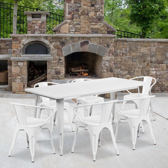 Commercial Grade 31.5" x 63" Rectangular White Metal Indoor-Outdoor Table Set with 6 Arm Chairs