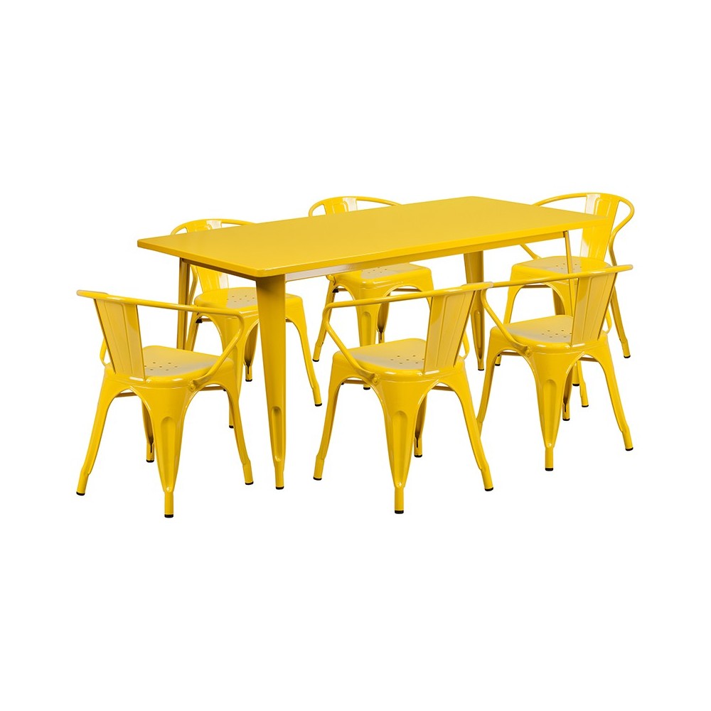 Commercial Grade 31.5" x 63" Rectangular Yellow Metal Indoor-Outdoor Table Set with 6 Arm Chairs Commercial Grade 31.5" x 63" Rectangular Yellow Metal Indoor-Outdoor Table Set with 6 Arm Chairs