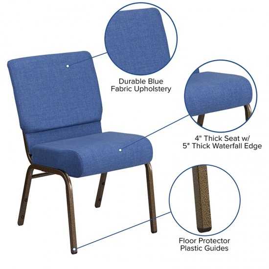 21''W Stacking Church Chair in Blue Fabric - Gold Vein Frame