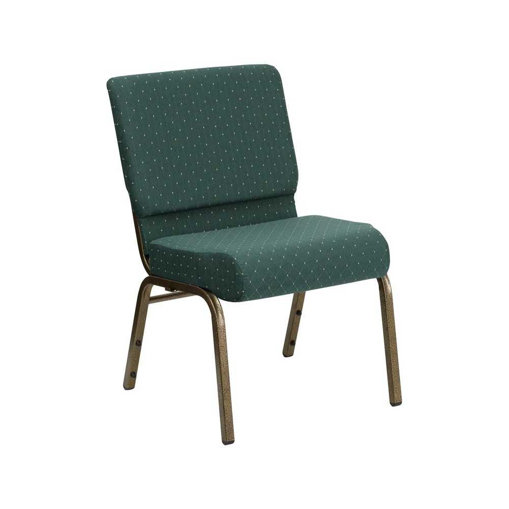 21''W Stacking Church Chair in Hunter Green Dot Patterned Fabric - Gold Vein Frame