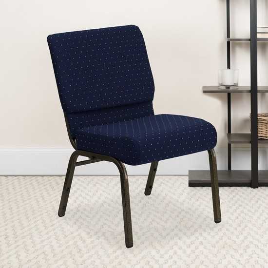 21''W Stacking Church Chair in Navy Blue Dot Patterned Fabric - Gold Vein Frame