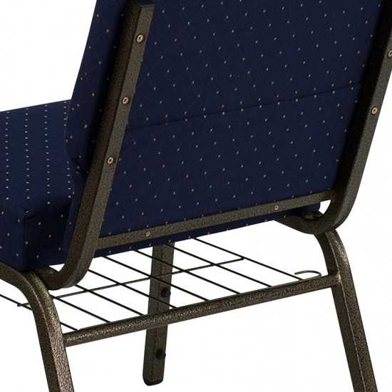 21''W Stacking Church Chair in Navy Blue Dot Patterned Fabric - Gold Vein Frame