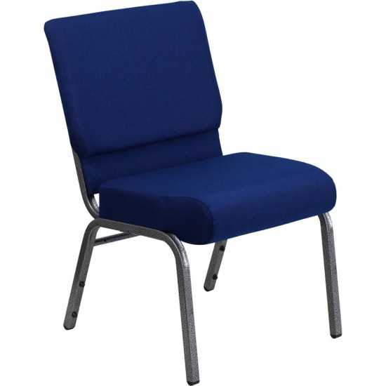 21''W Stacking Church Chair in Navy Blue Fabric - Silver Vein Frame