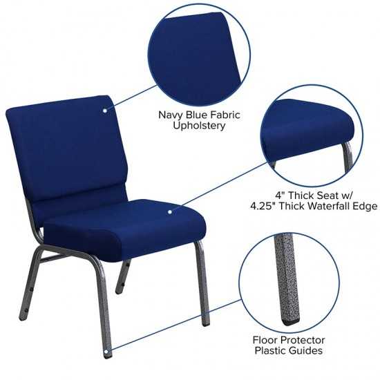 21''W Stacking Church Chair in Navy Blue Fabric - Silver Vein Frame