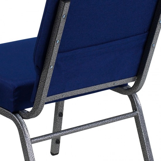 21''W Stacking Church Chair in Navy Blue Fabric - Silver Vein Frame