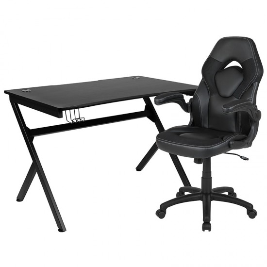 Black Gaming Desk and Black Racing Chair Set with Cup Holder, Headphone Hook & 2 Wire Management Holes