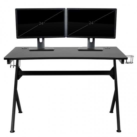 Black Gaming Desk and Black Racing Chair Set with Cup Holder, Headphone Hook & 2 Wire Management Holes