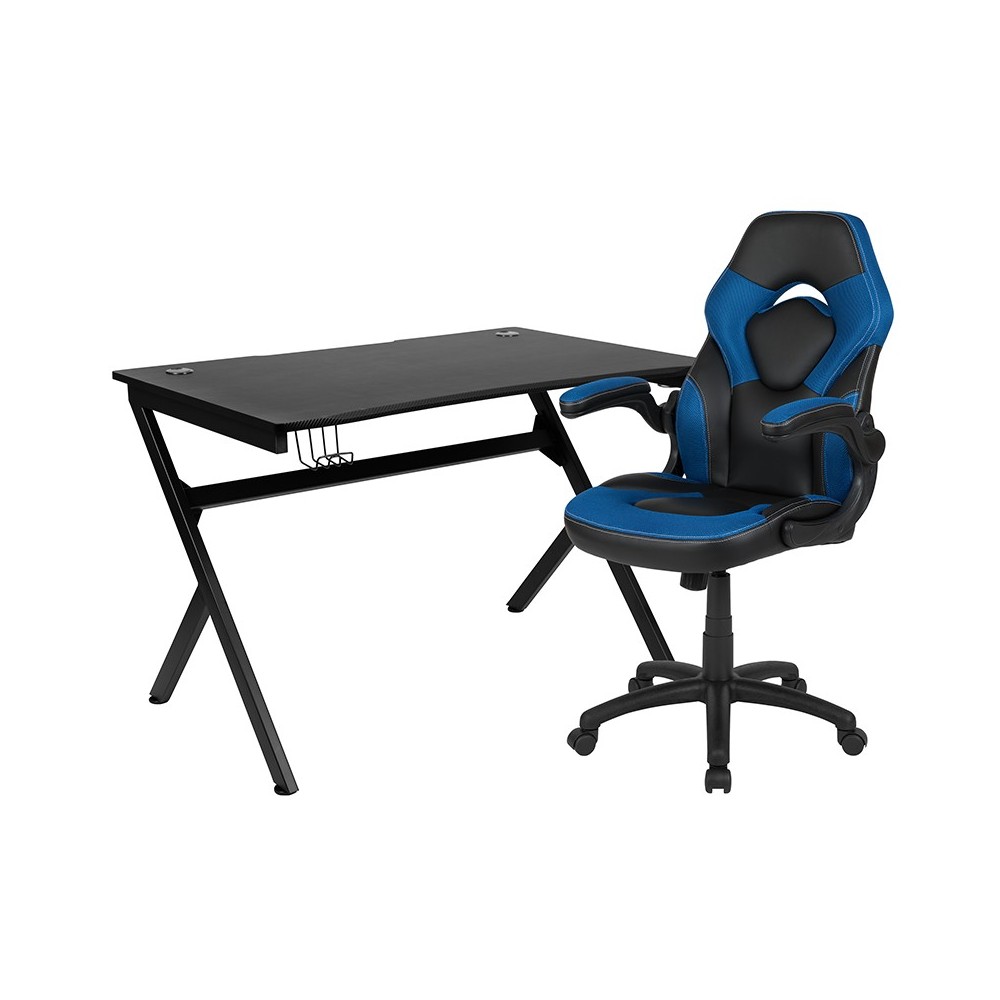 Black Gaming Desk and Blue and Black Racing Chair Set with Cup Holder, Headphone Hook & 2 Wire Management Holes