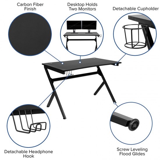 Black Gaming Desk and Blue and Black Racing Chair Set with Cup Holder, Headphone Hook & 2 Wire Management Holes