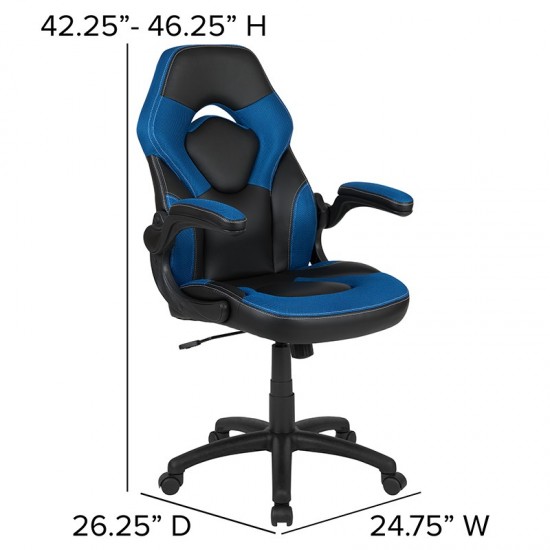 Black Gaming Desk and Blue and Black Racing Chair Set with Cup Holder, Headphone Hook & 2 Wire Management Holes