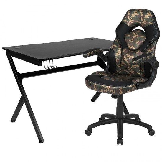 Black Gaming Desk and Camouflage/Black Racing Chair Set with Cup Holder, Headphone Hook & 2 Wire Management Holes