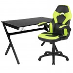 Black Gaming Desk and Green/Black Racing Chair Set with Cup Holder, Headphone Hook & 2 Wire Management Holes