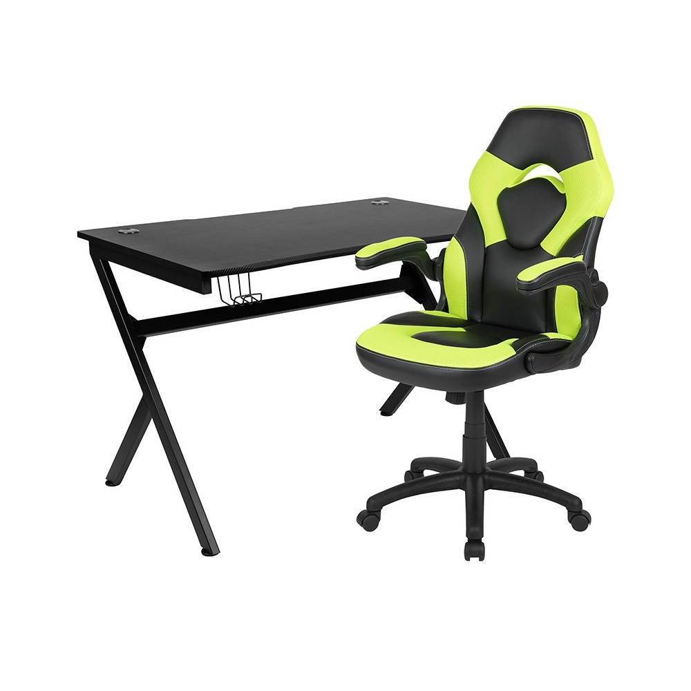 Black Gaming Desk and Green/Black Racing Chair Set with Cup Holder, Headphone Hook & 2 Wire Management Holes