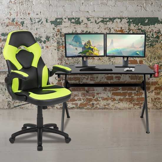 Black Gaming Desk and Green/Black Racing Chair Set with Cup Holder, Headphone Hook & 2 Wire Management Holes