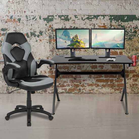 Black Gaming Desk and Gray/Black Racing Chair Set with Cup Holder, Headphone Hook & 2 Wire Management Holes