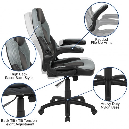 Black Gaming Desk and Gray/Black Racing Chair Set with Cup Holder, Headphone Hook & 2 Wire Management Holes