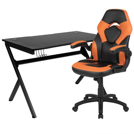 Black Gaming Desk and Orange/Black Racing Chair Set with Cup Holder, Headphone Hook & 2 Wire Management Holes