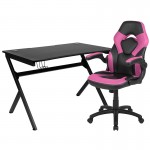 Black Gaming Desk and Pink/Black Racing Chair Set with Cup Holder, Headphone Hook & 2 Wire Management Holes