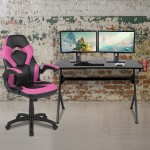 Black Gaming Desk and Pink/Black Racing Chair Set with Cup Holder, Headphone Hook & 2 Wire Management Holes