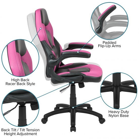 Black Gaming Desk and Pink/Black Racing Chair Set with Cup Holder, Headphone Hook & 2 Wire Management Holes