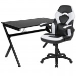 Black Gaming Desk and White/Black Racing Chair Set with Cup Holder, Headphone Hook & 2 Wire Management Holes