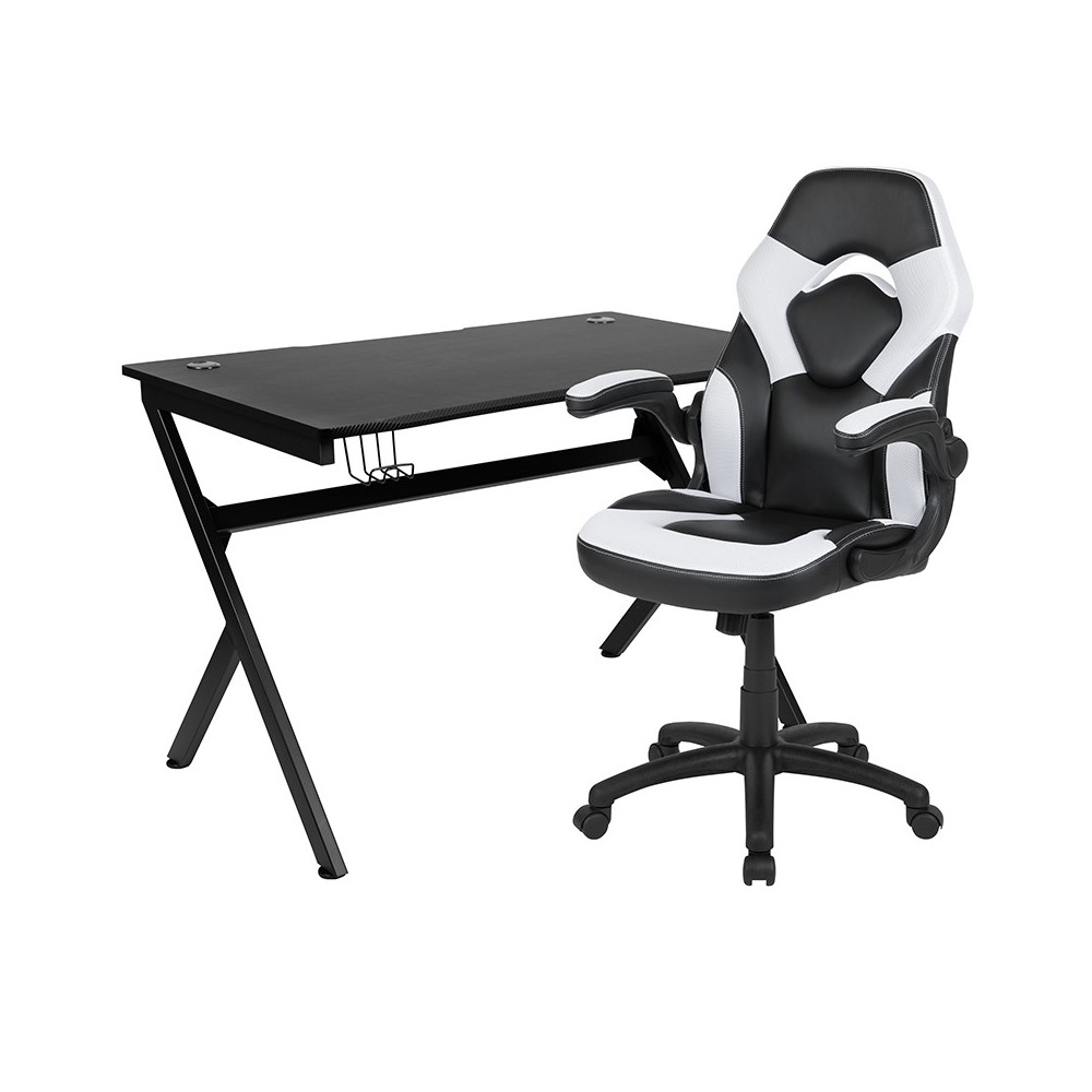 Black Gaming Desk and White/Black Racing Chair Set with Cup Holder, Headphone Hook & 2 Wire Management Holes