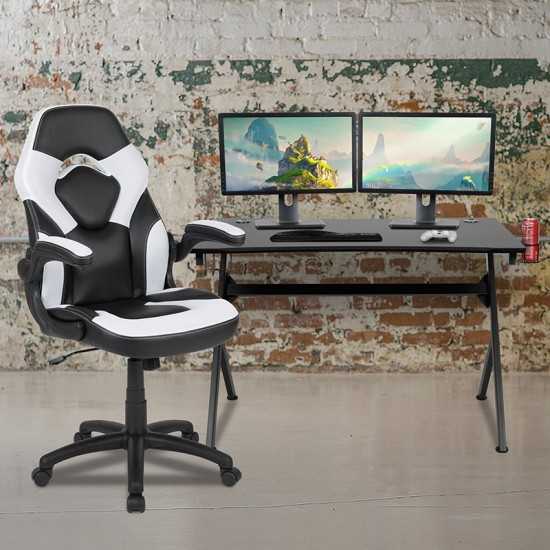 Black Gaming Desk and White/Black Racing Chair Set with Cup Holder, Headphone Hook & 2 Wire Management Holes