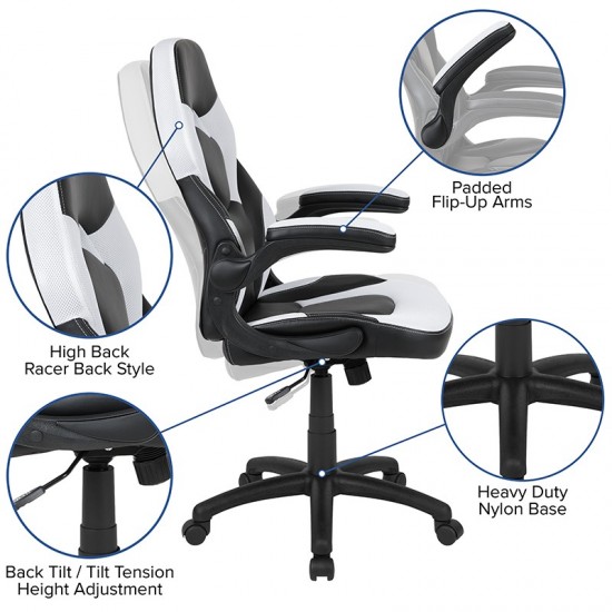 Black Gaming Desk and White/Black Racing Chair Set with Cup Holder, Headphone Hook & 2 Wire Management Holes