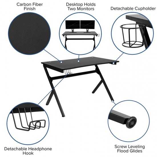 Black Gaming Desk and White/Black Racing Chair Set with Cup Holder, Headphone Hook & 2 Wire Management Holes