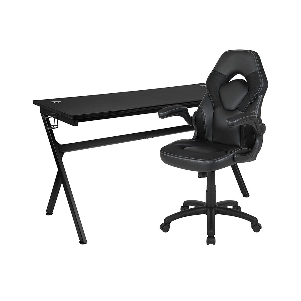 Gaming Desk and Black Racing Chair Set /Cup Holder/Headphone Hook/Removable Mouse Pad Top - 2 Wire Management Holes