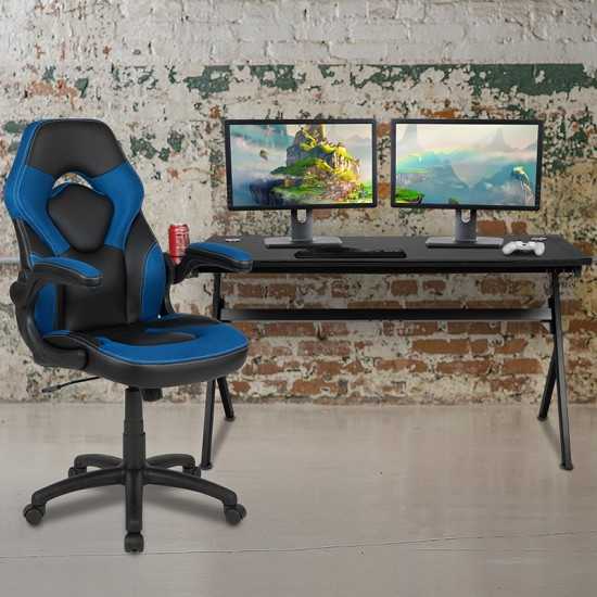 Gaming Desk and Blue/Black Racing Chair Set /Cup Holder/Headphone Hook/Removable Mouse Pad Top - 2 Wire Management Holes