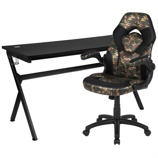 Gaming Desk and Camouflage/Black Racing Chair Set /Cup Holder/Headphone Hook/Removable Mouse Pad Top - 2 Wire Management Hole