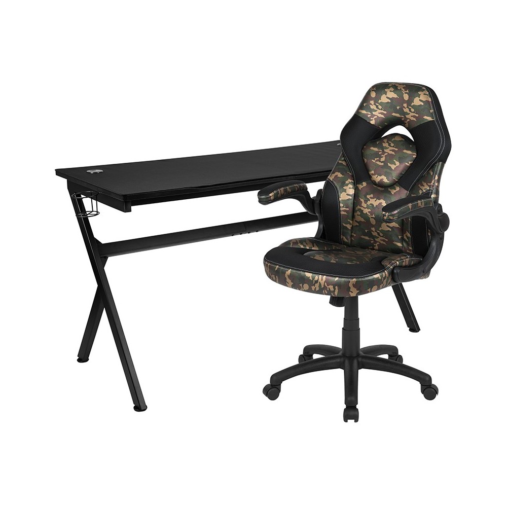 Gaming Desk and Camouflage/Black Racing Chair Set /Cup Holder/Headphone Hook/Removable Mouse Pad Top - 2 Wire Management Hole Gaming Desk and Camouflage/Black Racing Chair Set /Cup Holder/Headphone Hook/Removable Mouse Pad Top - 2 Wire Management Hole