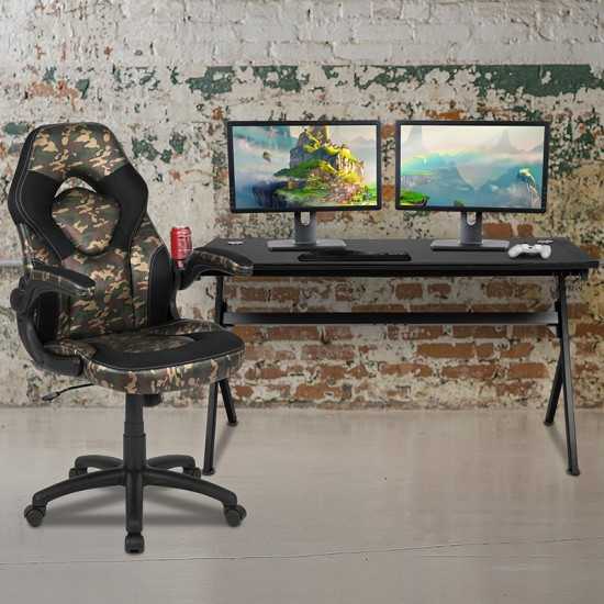 Gaming Desk and Camouflage/Black Racing Chair Set /Cup Holder/Headphone Hook/Removable Mouse Pad Top - 2 Wire Management Hole