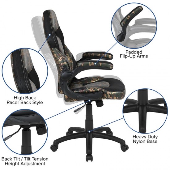 Gaming Desk and Camouflage/Black Racing Chair Set /Cup Holder/Headphone Hook/Removable Mouse Pad Top - 2 Wire Management Hole