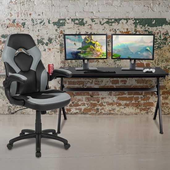 Gaming Desk and Gray/Black Racing Chair Set /Cup Holder/Headphone Hook/Removable Mouse Pad Top - 2 Wire Management Holes