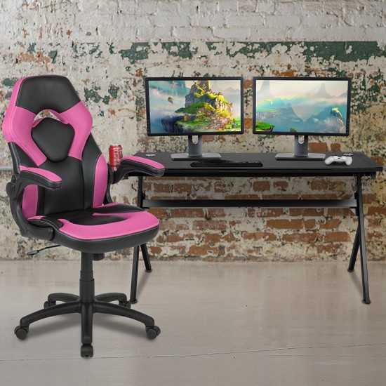 Gaming Desk and Pink/Black Racing Chair Set /Cup Holder/Headphone Hook/Removable Mouse Pad Top - 2 Wire Management Holes