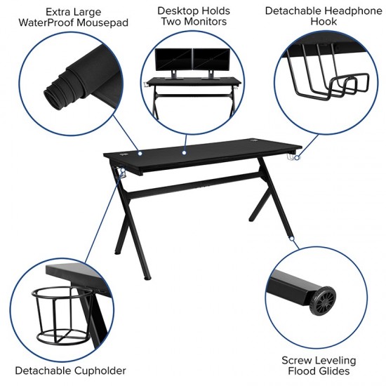 Gaming Desk and Pink/Black Racing Chair Set /Cup Holder/Headphone Hook/Removable Mouse Pad Top - 2 Wire Management Holes