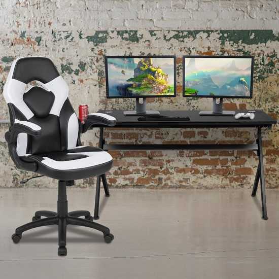 Gaming Desk and White/Black Racing Chair Set /Cup Holder/Headphone Hook/Removable Mouse Pad Top - 2 Wire Management Holes