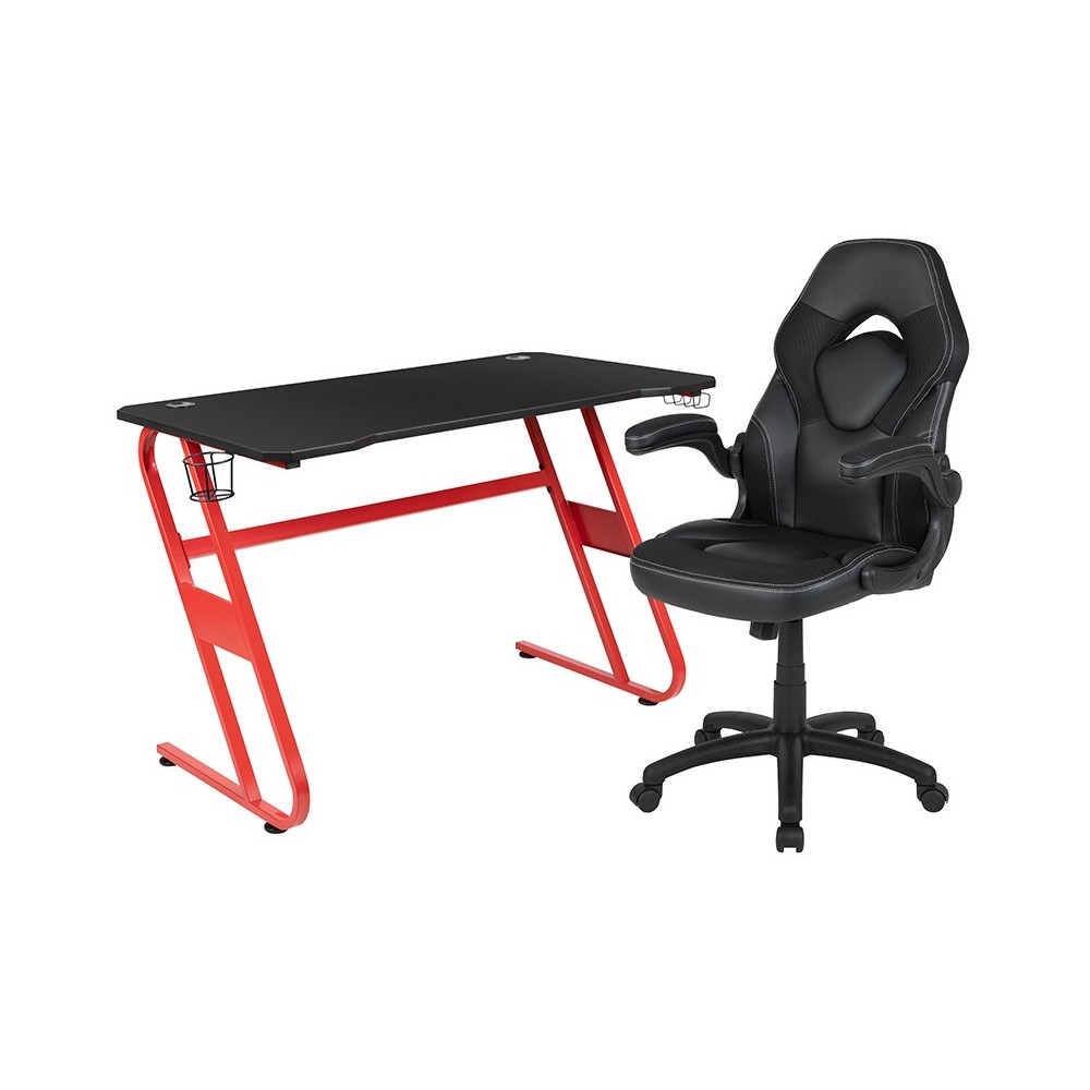 Red Gaming Desk and Black Racing Chair Set with Cup Holder and Headphone Hook