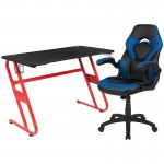 Red Gaming Desk and Blue/Black Racing Chair Set with Cup Holder and Headphone Hook