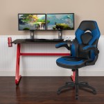 Red Gaming Desk and Blue/Black Racing Chair Set with Cup Holder and Headphone Hook