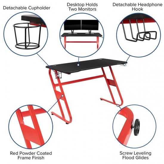 Red Gaming Desk and Blue/Black Racing Chair Set with Cup Holder and Headphone Hook