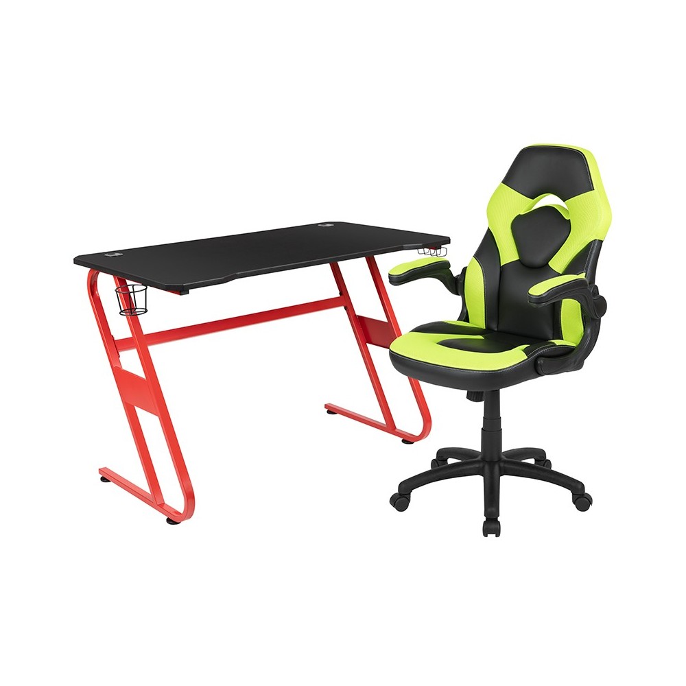 Red Gaming Desk and Green/Black Racing Chair Set with Cup Holder and Headphone Hook